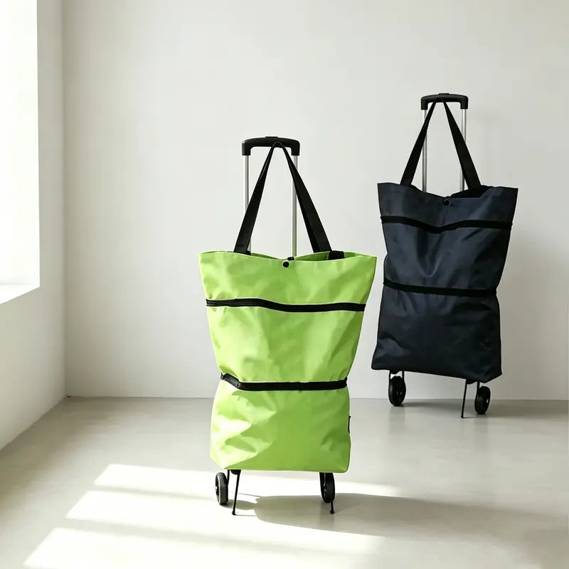 Practical Multi-Layered Rolling Casual Shopping Bag - Water-Resistant, Lightweight, Foldable, Reusable Handbag with Zipper Compartment Storage for Household Grocery Runs