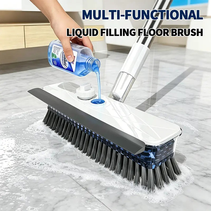 All-In-1 Liquid Dispensing Floor Scrubber Brush Squeegee Broom - Household Multipurpose Cleaning Tool, Long Ergonomic Handle, Press-To-Release Soap Tank, Hard Bristles, Stand-Up Design for Tile, Bathtub, Home Goods, Cleaning Household Items