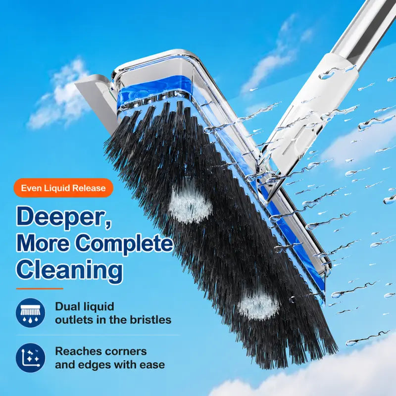 All-In-1 Liquid Dispensing Floor Scrubber Brush Squeegee Broom - Household Multipurpose Cleaning Tool, Long Ergonomic Handle, Press-To-Release Soap Tank, Hard Bristles, Stand-Up Design for Tile, Bathtub, Home Goods, Cleaning Household Items