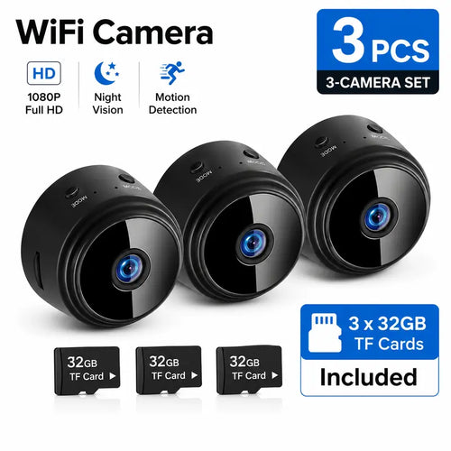 2026 New 3Pc Smart HD A9 Camera, 1080P Wide-Angle Lens, Night Vision, Motion Detection, APP Remote Control Viewing - Portable Indoor/Outdoor Car Interior Accessory for Pets