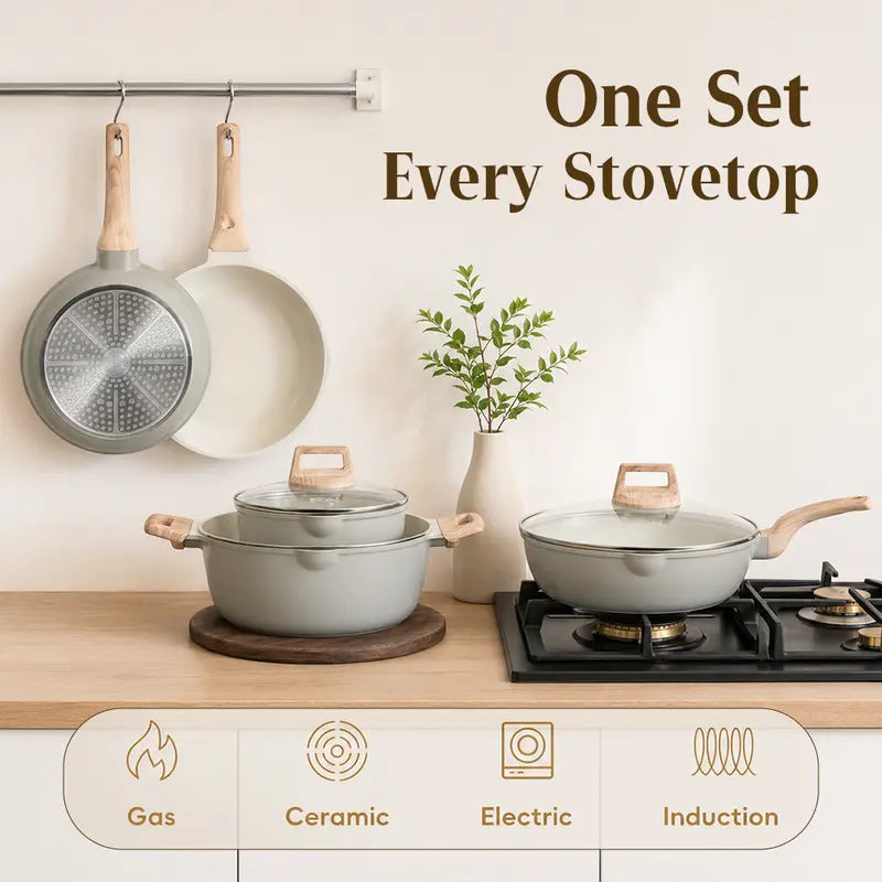[ New ]FDN 16-Pc Aesthetic Cookware Collection, Non-Toxic Pfas-Free Titanium Caremic Granite Pots and Pans Set, Easy-Clean Oven & Dishwasher Safe, Induction Ready Cooking Set with 10" (24Cm) Fry Pan, Glass Lids, Kitchen Utensils, Aluminium, Deals for You