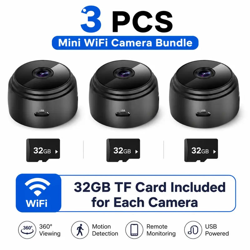 2026 New 3Pc Smart HD A9 Camera, 1080P Wide-Angle Lens, Night Vision, Motion Detection, APP Remote Control Viewing - Portable Indoor/Outdoor Car Interior Accessory for Pets