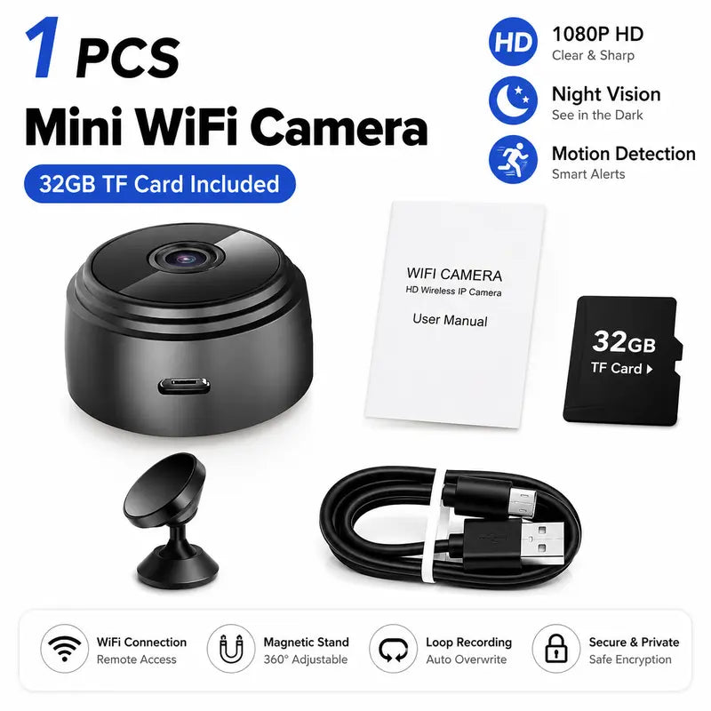 2026 New 3Pc Smart HD A9 Camera, 1080P Wide-Angle Lens, Night Vision, Motion Detection, APP Remote Control Viewing - Portable Indoor/Outdoor Car Interior Accessory for Pets
