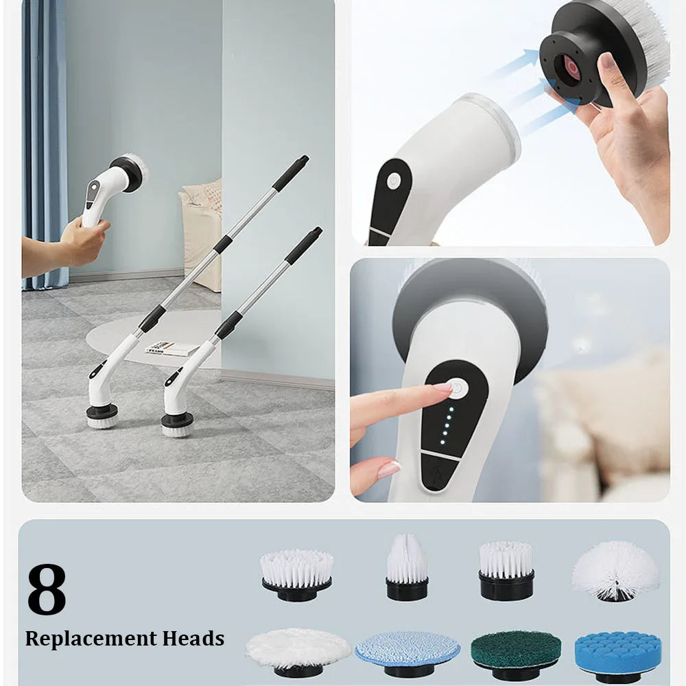 Electric Spin Scrubber – 8 Brush Heads, 54" Extendable Handle