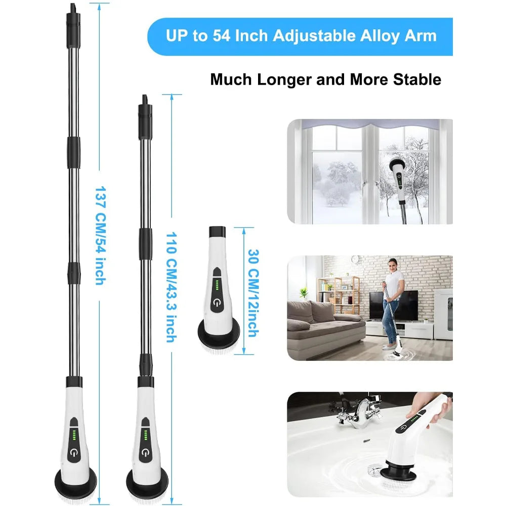 Electric Spin Scrubber – 8 Brush Heads, 54" Extendable Handle