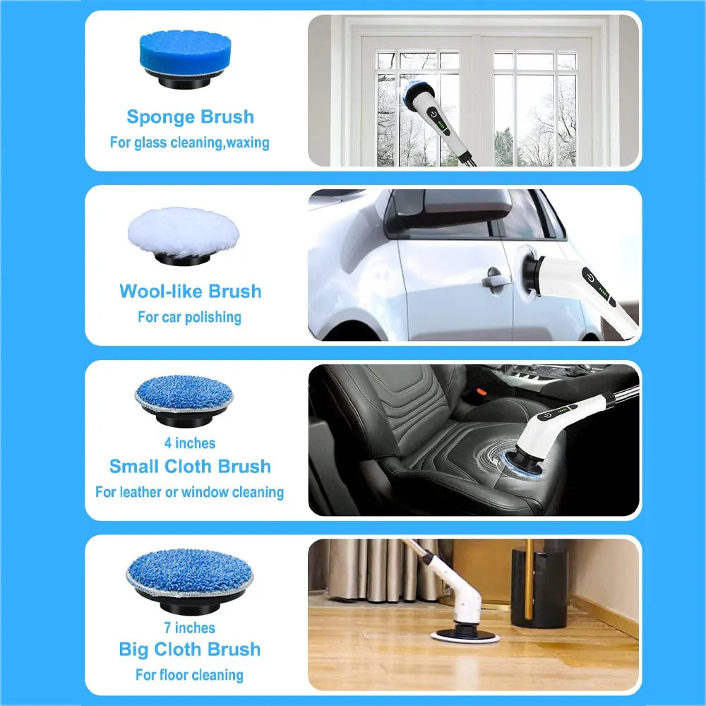 Electric Spin Scrubber – 8 Brush Heads, 54" Extendable Handle