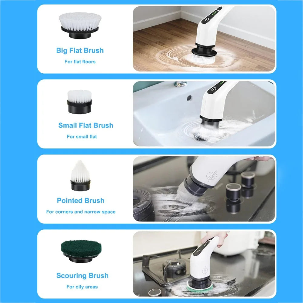 Electric Spin Scrubber – 8 Brush Heads, 54" Extendable Handle