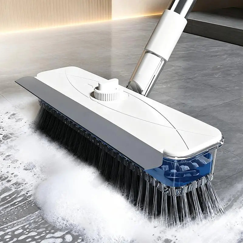 All-In-1 Liquid Dispensing Floor Scrubber Brush Squeegee Broom - Household Multipurpose Cleaning Tool, Long Ergonomic Handle, Press-To-Release Soap Tank, Hard Bristles, Stand-Up Design for Tile, Bathtub, Home Goods, Cleaning Household Items