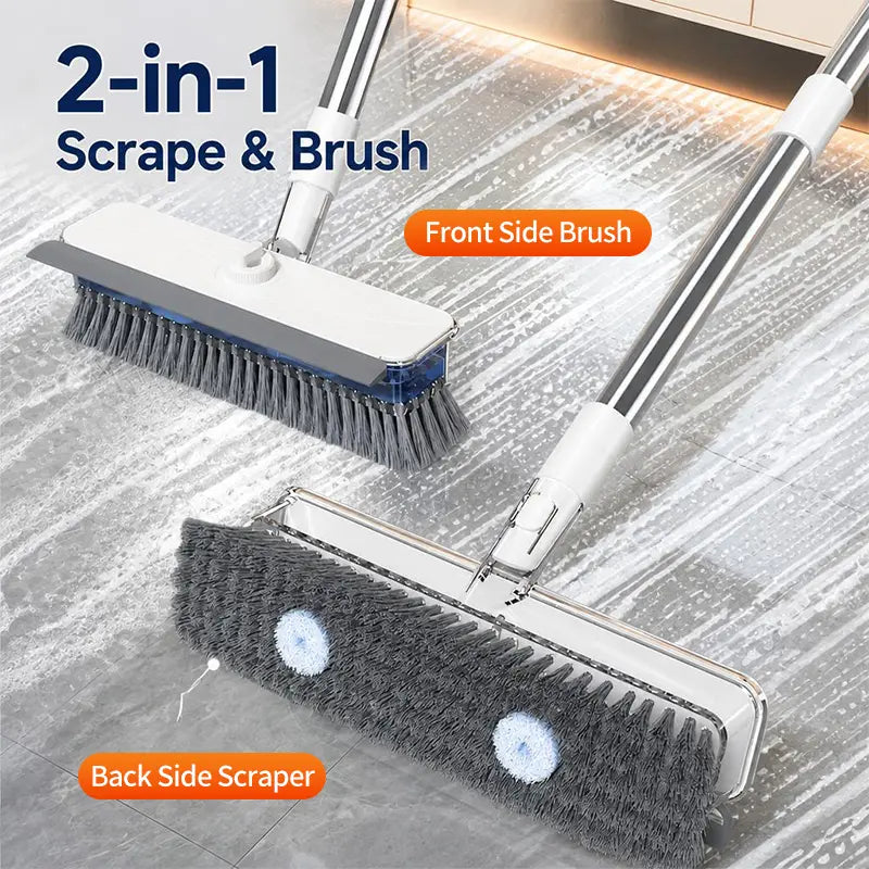 All-In-1 Liquid Dispensing Floor Scrubber Brush Squeegee Broom - Household Multipurpose Cleaning Tool, Long Ergonomic Handle, Press-To-Release Soap Tank, Hard Bristles, Stand-Up Design for Tile, Bathtub, Home Goods, Cleaning Household Items