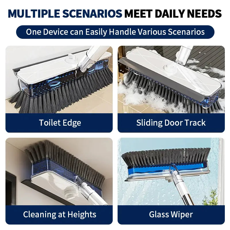 All-In-1 Liquid Dispensing Floor Scrubber Brush Squeegee Broom - Household Multipurpose Cleaning Tool, Long Ergonomic Handle, Press-To-Release Soap Tank, Hard Bristles, Stand-Up Design for Tile, Bathtub, Home Goods, Cleaning Household Items